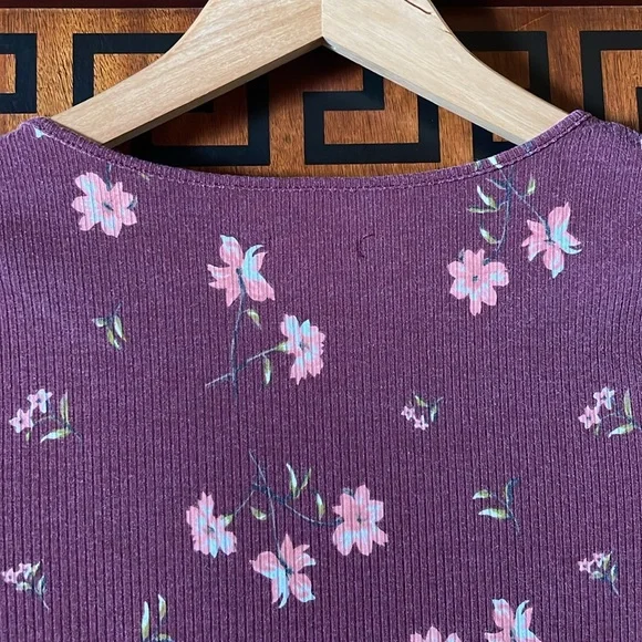 Wild Fable Purple Floral Ribbed Bodysuit Snap Closure Short Sleeve Juniors M - Picture 14 of 14
